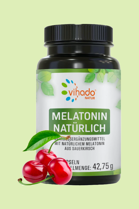 Vihado Natur natürliches Melatonin aus Sauerkirsch, Ashwagandha, Passionsblume, Lavendel, 90 Kapseln