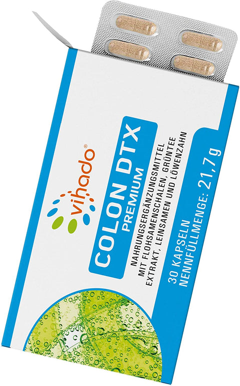 Vihado Colon DTX Premium – pflanzliche Kapseln mit Löwenzahn, Flohsamenschalen-Pulver und Grüner Tee Extrakt – vegan – 30 Kapseln)