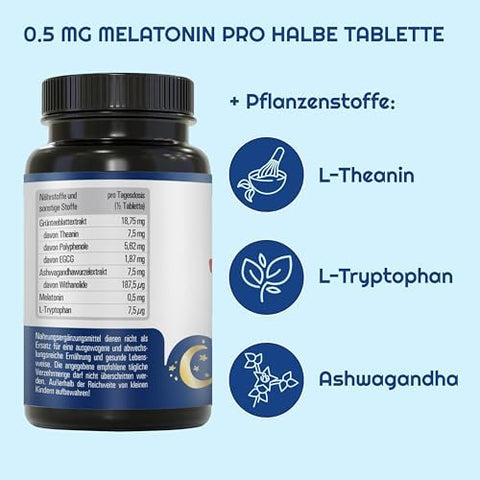 Vihado Melatonin Tablets High Dose - 370 Nights Forte Complex Vegan - Pure without Additives - Plus L-Theanine, L-Tryptophan, Ashwagandha, 185 Tablets, Melatonin, 1|B0BQYN4ZTR