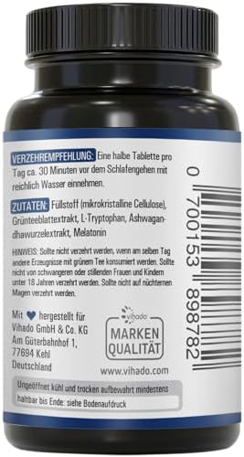 Vihado Melatonin Tablets High Dose - 370 Nights Forte Complex Vegan - Pure without Additives - Plus L-Theanine, L-Tryptophan, Ashwagandha, 185 Tablets, Melatonin, 1|B0BQYN4ZTR