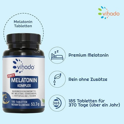 Vihado Melatonin Tablets High Dose - 370 Nights Forte Complex Vegan - Pure without Additives - Plus L-Theanine, L-Tryptophan, Ashwagandha, 185 Tablets, Melatonin, 1|B0BQYN4ZTR