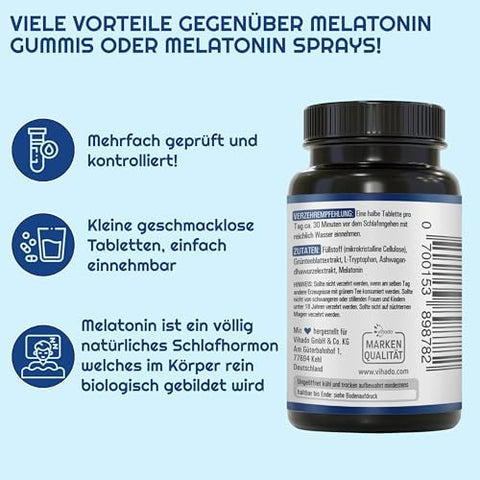 Vihado Melatonin Tablets High Dose - 370 Nights Forte Complex Vegan - Pure without Additives - Plus L-Theanine, L-Tryptophan, Ashwagandha, 185 Tablets, Melatonin, 1|B0BQYN4ZTR