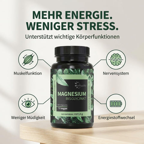 Vihado Magnesium Bisglycinat 365 XXL-Vorrat, 200 mg elementares Magnesium pro Tagesdosis, hochdosiert, 365 vegane Kapseln