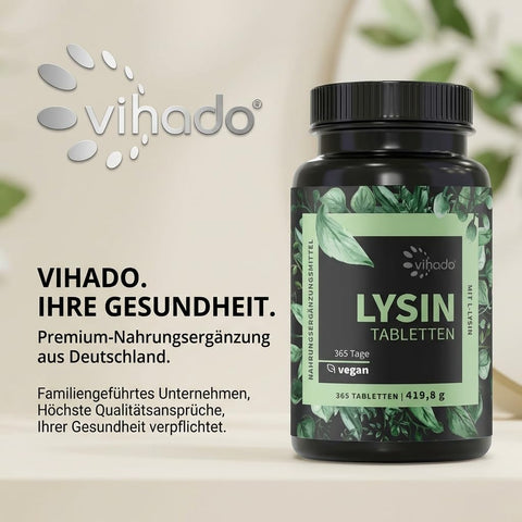 Vihado Lysin Tabletten, Jahresvorrat, 800 mg L-Lysin pro Tablette, fermentiertes L Lysin HCL, 365 vegane Tabletten
