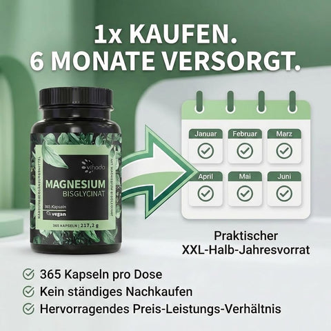 Vihado Magnesium Bisglycinat 365 XXL-Vorrat, 200 mg elementares Magnesium pro Tagesdosis, hochdosiert, 365 vegane Kapseln