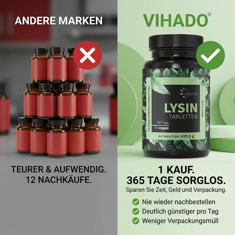 Vihado Lysin Tabletten, Jahresvorrat, 800 mg L-Lysin pro Tablette, fermentiertes L Lysin HCL, 365 vegane Tabletten