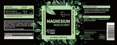 Vihado Magnesium Bisglycinat 365 XXL-Vorrat, 200 mg elementares Magnesium pro Tagesdosis, hochdosiert, 365 vegane Kapseln