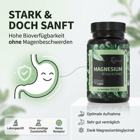 Vihado Magnesium Bisglycinat 365 XXL-Vorrat, 200 mg elementares Magnesium pro Tagesdosis, hochdosiert, 365 vegane Kapseln