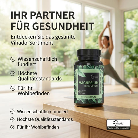 Vihado Magnesium Bisglycinat 365 XXL-Vorrat, 200 mg elementares Magnesium pro Tagesdosis, hochdosiert, 365 vegane Kapseln