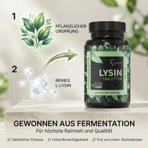 Vihado Lysin Tabletten, Jahresvorrat, 800 mg L-Lysin pro Tablette, fermentiertes L Lysin HCL, 365 vegane Tabletten