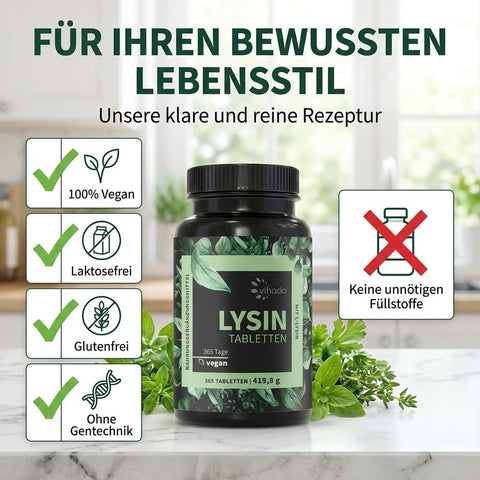 Vihado Lysin Tabletten, Jahresvorrat, 800 mg L-Lysin pro Tablette, fermentiertes L Lysin HCL, 365 vegane Tabletten