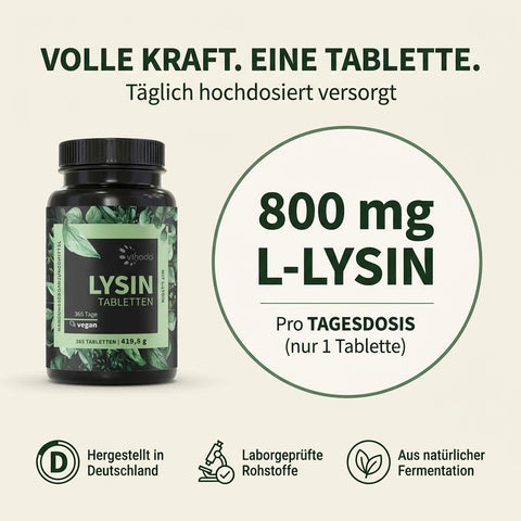 Vihado Lysin Tabletten, Jahresvorrat, 800 mg L-Lysin pro Tablette, fermentiertes L Lysin HCL, 365 vegane Tabletten