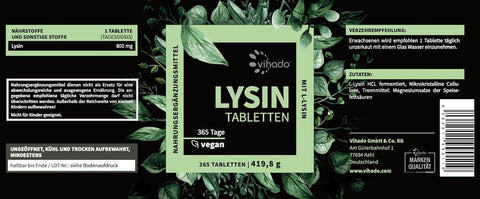 Vihado Lysin Tabletten, Jahresvorrat, 800 mg L-Lysin pro Tablette, fermentiertes L Lysin HCL, 365 vegane Tabletten
