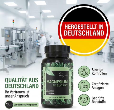 Vihado Magnesium Bisglycinat 365 XXL-Vorrat, 200 mg elementares Magnesium pro Tagesdosis, hochdosiert, 365 vegane Kapseln