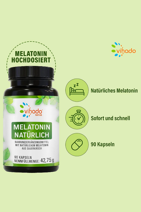 Vihado Natur natürliches Melatonin aus Sauerkirsch, Ashwagandha, Passionsblume, Lavendel, 90 Kapseln