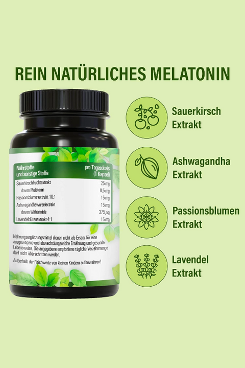 Vihado Natur natürliches Melatonin aus Sauerkirsch, Ashwagandha, Passionsblume, Lavendel, 90 Kapseln