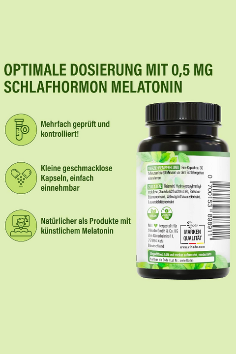 Vihado Natur natürliches Melatonin aus Sauerkirsch, Ashwagandha, Passionsblume, Lavendel, 90 Kapseln