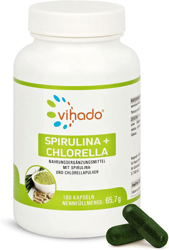 Vihado Spirulina + Chlorella – Superfood Algen Kapseln mit – geprüft ohne Schadstoffe – natürliches Nahrungsergänzungsmittel – 180 Kapseln