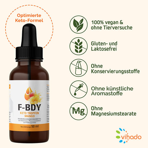 Vihado F-BDY Keto Tropfen, Mango Stoffwechsel Formel, natürlich + schnell bei ketogener Ernährung, Frauen und Männer, auch ohne Sport (50 ml)