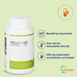 Vihado Löwenzahn Kapseln – naturbelassenes Löwenzahnwurzel Pulver in pflanzlichen Kapseln – bewährtes Nahrungsergänzungsmittel – 120 Kapseln