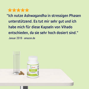 Vihado Ashwagandha Kapseln – vegane Kapseln mit Ashwagandha Extrakt – hochdosiert mit 250 mg – für innere Balance – 90 Kapseln (34,6 g)