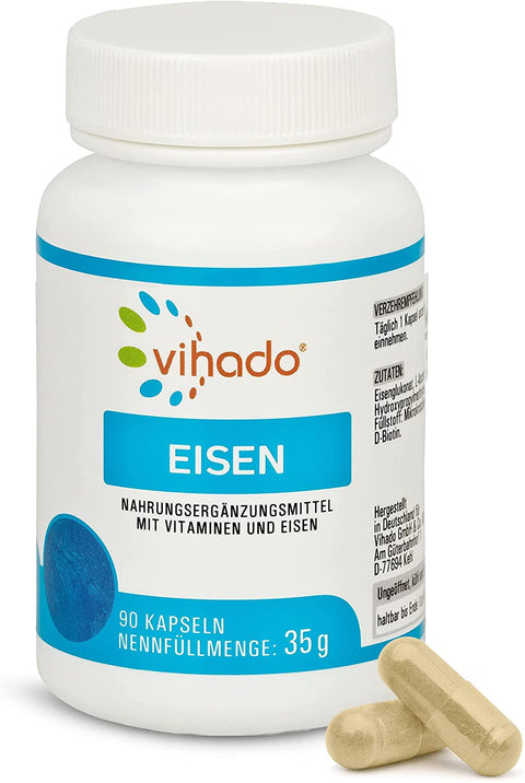 Vihado Eisen Kapseln – hochdosiertes Eisen gegen Müdigkeit – mit Vitamin C für erhöhte Eisenaufnahme und Vitamin B12 und Biotin – 90 Kapseln