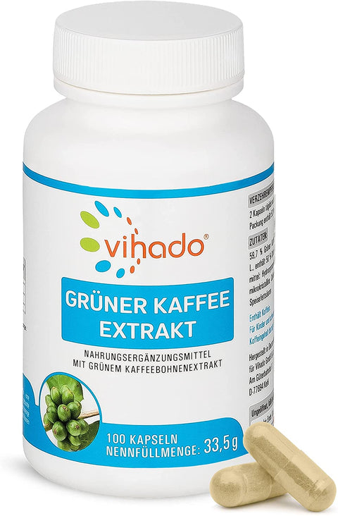 Vihado Grüner Kaffee Extrakt Kapseln – hochdosiert mit 50% Chlorogensäure – Grüne Kaffeebohnen ohne künstliche Zusätze – 100 Kapseln