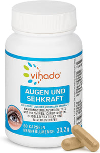 Vihado Augen und Sehkraft Vitamine – mit Lutein, Beta Carotin, Vitamin A und Zink – Nahrungsergänzungsmittel für die Augen – 60 Kapseln (30,2 g)