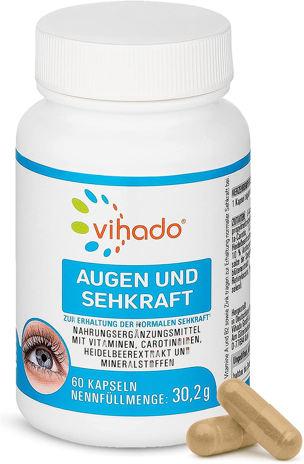 Vihado Augen und Sehkraft Vitamine – mit Lutein, Beta Carotin, Vitamin A und Zink – Nahrungsergänzungsmittel für die Augen – 60 Kapseln (30,2 g)