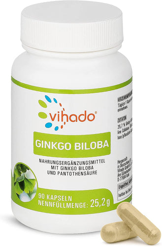Vihado Ginkgo Biloba Kapseln – hochdosierter Ginko Extrakt + Pantothensäure für normale geistige Leistung – natürlich und vegan – 90 Kapseln
