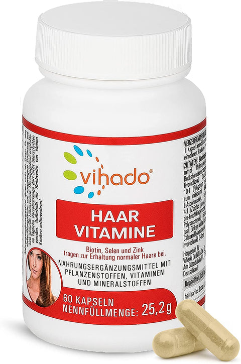 Vihado Haar Vitamine – Haarkapseln für Haarwachstum mit Biotin, Selen und Zink – Vitalformel mit Bockshornklee und Bierhefe – 60 Kapseln