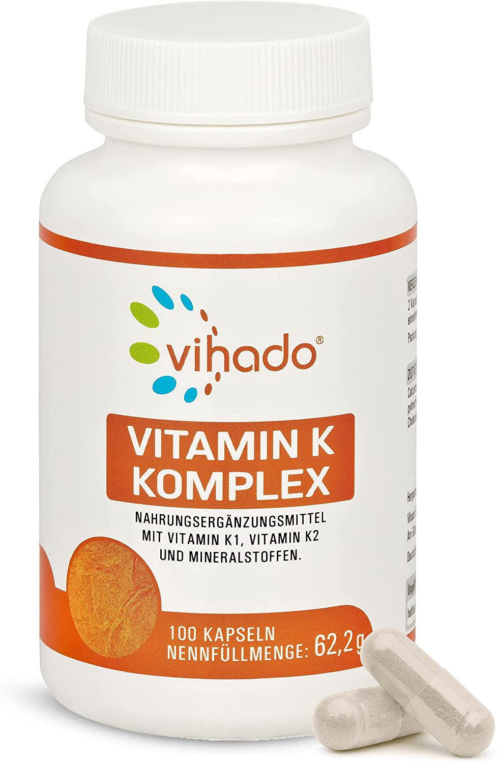 Vihado Vitamin K Komplex – Vitamin K2 MK7 mit Vitamin K1, Calcium und Vitamin D – optimale Zusammenstellung für wichtige Körperfunktionen – Nahrungsergänzungsmittel ohne Zusätze – 100 Kapseln (62,2g)