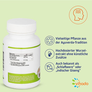 Vihado Ashwagandha Kapseln – vegane Kapseln mit Ashwagandha Extrakt – hochdosiert mit 250 mg – für innere Balance – 90 Kapseln (34,6 g)