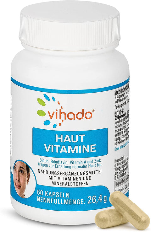 Vihado Haut Vitamine – Hautpflege von innen mit Zink, Biotin und Vitamin A mit Naturstoffen wie OPC und Hopfen – Beauty Kapseln – 60 Kapseln