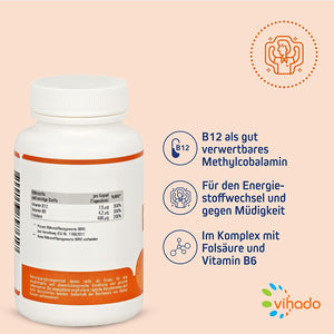 Vihado B12 Methylcobalamin Kapseln – hochdosiertes Vitamin B12 mit bester Bioverfügbarkeit mit Folsäure und Vitamin B6 – 140 Kapseln (18,4 g)