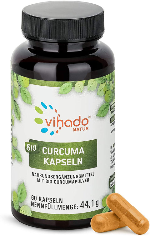Vihado Natur Bio Curcuma Kapseln – Superfood Kapseln mit natürlichem Curcumin – Nahrungsergänzungsmittel mit hochdosierter Bio Curcuma Wurzel – 60 Kapseln (44,1g)