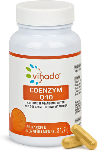 Vihado Coenzym Q10 Kapseln hochdosiert – B-Vitamine und Biotin für Energiestoffwechsel – Vitamin E gegen oxidativen Stress, 90 Kapseln (31,7g)