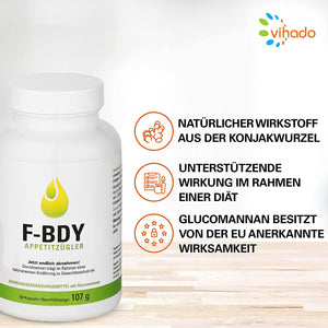 Vihado F-BDY Appetitzügler Kapseln – natürlich Abnehmen mit Konjakwurzel – mit anerkanntem Wirkstoff Glucomannan – 180 Kapseln