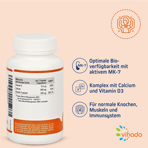 Vihado Vitamin K Komplex – Vitamin K2 MK7 mit Vitamin K1, Calcium und Vitamin D – optimale Zusammenstellung für wichtige Körperfunktionen – Nahrungsergänzungsmittel ohne Zusätze – 100 Kapseln (62,2g)