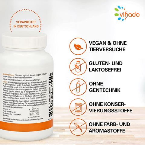 Vihado F-BDY Burn – Kapseln für den Stoffwechsel, Grüner Kaffee Extrakt und Grüner Tee Extrakt, 100 Kapseln