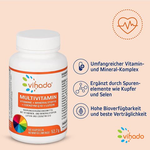 Vihado Multivitamin Kapseln, Vitamine A-Z Multimineral-Komplex, 26 Vitamine und Mineralstoffe hochdosiert, 60 Kapseln