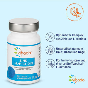 Vihado Zink Kapseln mit L-Histidin – Zink Histidin Komplex für Immunsystem, Sehkraft, Haut und Haare – Zink hochdosiert  – 60 Kapseln