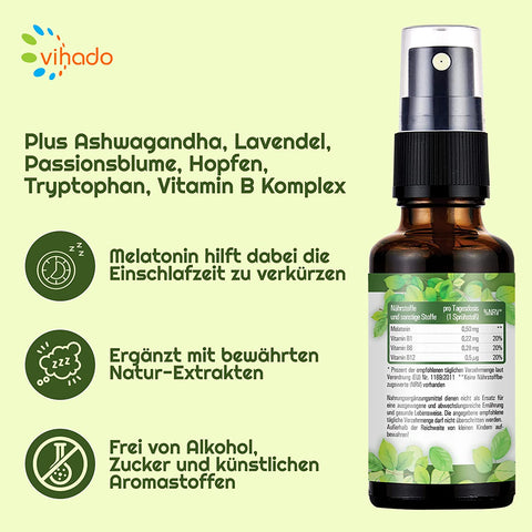 Vihado Natur Melatonin Einschlafspray, Ashwagandha und Lavendel, 180 Tage Vorrat, 30 ml