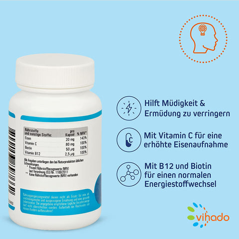 Vihado Eisen Kapseln – hochdosiertes Eisen gegen Müdigkeit – mit Vitamin C für erhöhte Eisenaufnahme und Vitamin B12 und Biotin – 90 Kapseln
