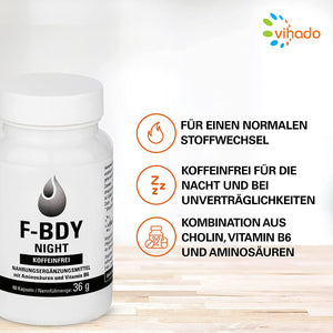 Vihado F-BDY Night – Kapseln für einen normalen Stoffwechsel – koffeinfrei für die Nacht – normaler Fettstoffwechsel mit Cholin – 60 Kapseln
